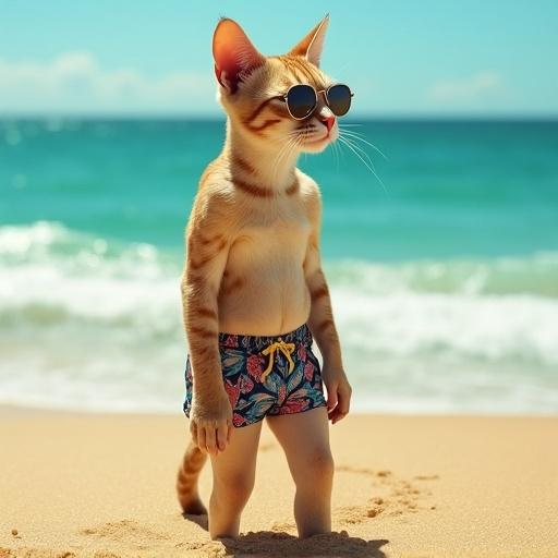 Photorealistic cat with a human body. Stylish swim trunks and mirrored sunglasses. Cat standing on golden sand. Gazing at the ocean horizon. Side view shows anatomical details. Fur and skin blend seamlessly. Tail draped along leg.