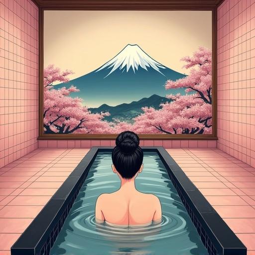 A traditional Japanese sento bathhouse interior in a symmetrical perspective. Pastel pink tiles cover the walls. A black-tiled soaking tub is centered with a single woman inside. She has a neat bun and slender shoulders facing away. A mural of Mount Fuji and sakura branches is behind her. Gentle daylight creates soft shadows.