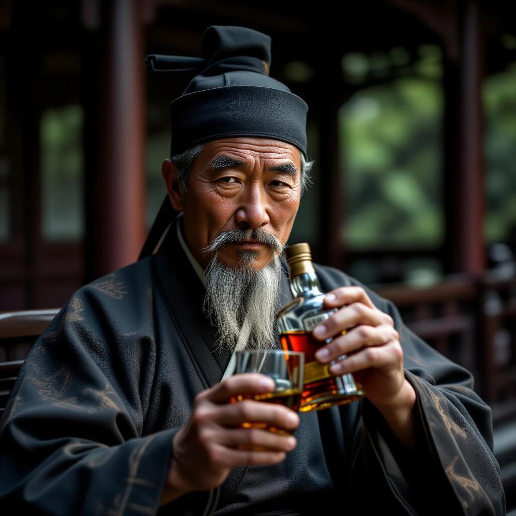 Closeup shot of a Young Ancient Chinese Scholar in traditional attire. Scholar enjoys whiskey in a tranquil outdoor setting. Handsome features are present. Bottle and glass gracefully held in hands.