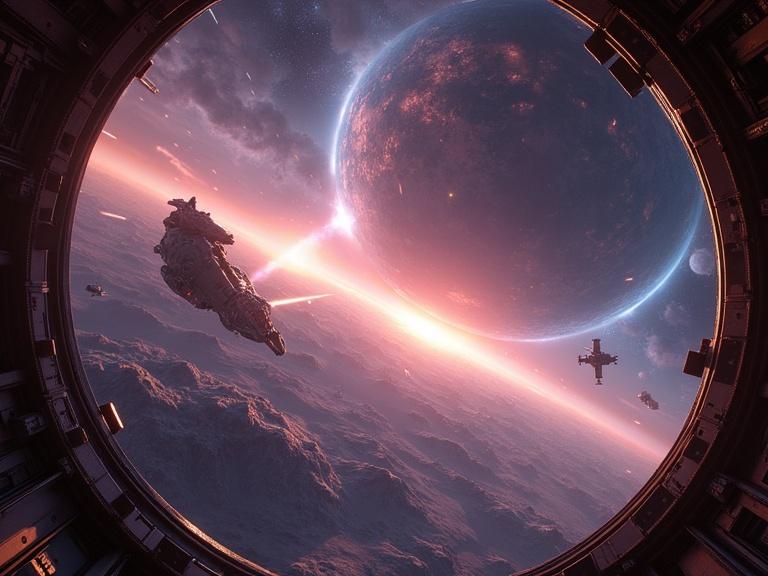Panoramic view of a space battle with alien machinery. Lasers firing and cannon shooting. Internal view from a spaceship with aliens.