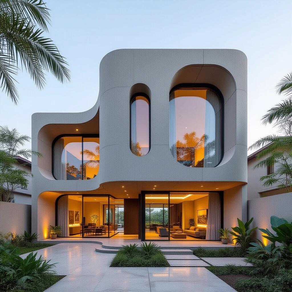 Minimal organic monolithic town house with curved edges. Large center vertical cutout windows from ground to roof. Indoor and outdoor flow. Resort style features. Incorporates Japandi and African style detailing.