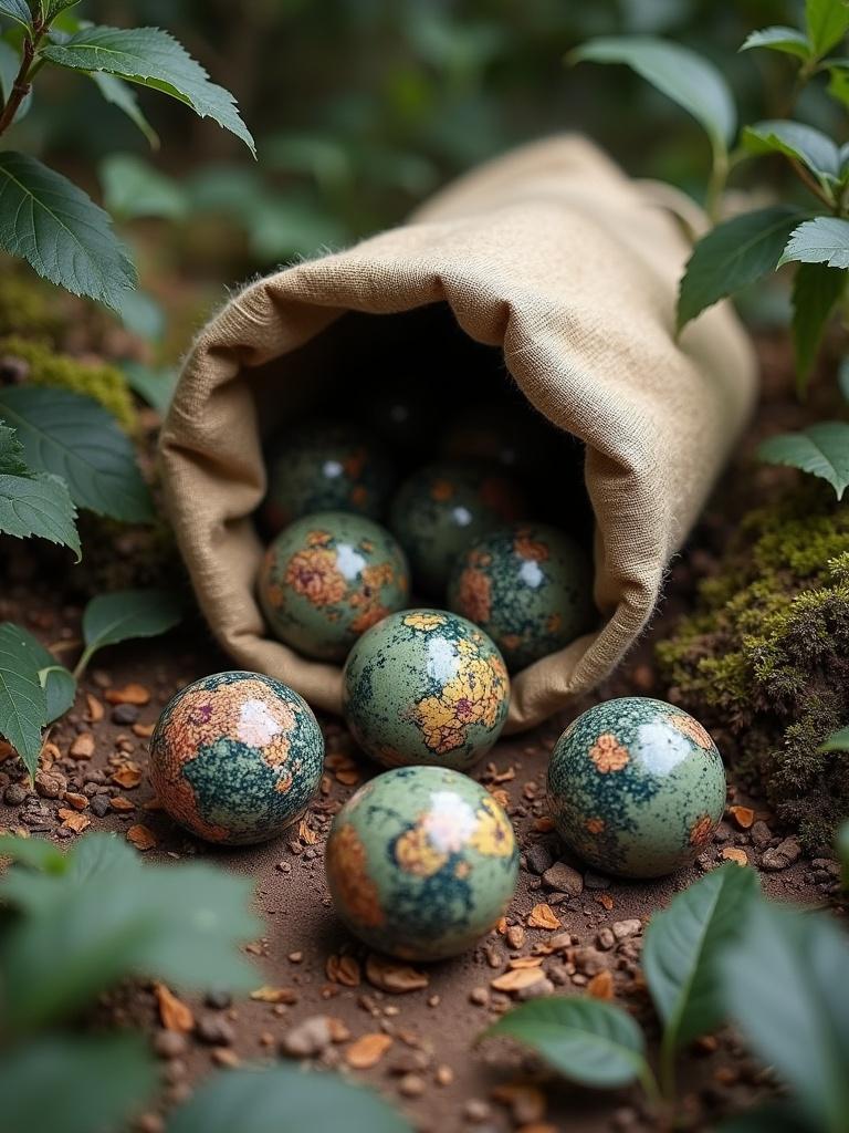 Round marbles made from Japanese Woodblock Prints are arranged near a sack. The sack is light brown and patchwork. Marbles spill out onto a forest floor that resembles the Amazon. The scene contains rich greens and earthy tones.