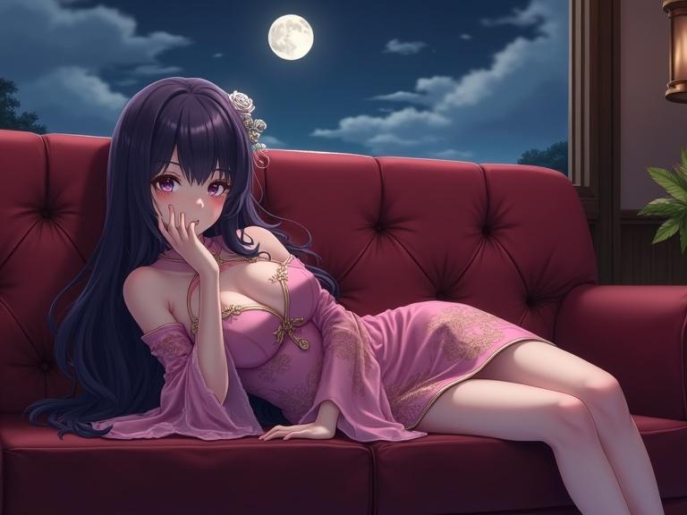 A beautiful sexy anime woman with long dark purple hair reclining on a dark red tufted sofa. She wears a pink cheongsam with gold patterns. Fluffy sheer sleeves and a silver rose accessory in her hair are present. A full moon shines through a window, casting a soft glow on the scene. Lighting is warm and cinematic, enhancing the intimate atmosphere.
