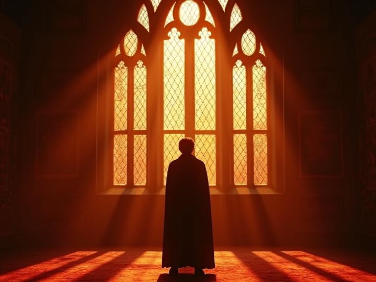 Epic centered shot of a lone figure silhouetted against majestic fire-lit windows. Deep crimson and burnished gold hues dominate the scene, casting long heroic shadows. Ancient tapestries depict bravery. Late evening in Gryffindor common room.