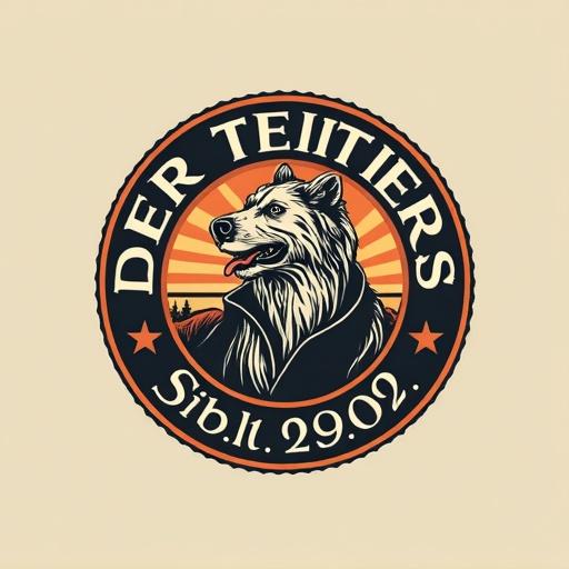 Logo design featuring a wolf's head in profile. Text surrounding read 'DER TEITIERS SIB.11. 29.02'. Design incorporates vintage elements. The wolf imagery represents strength and wilderness. Background features sunrise and landscape silhouette.
