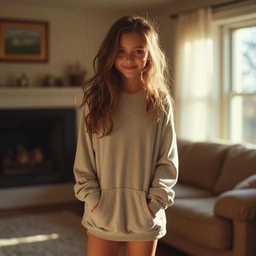 Casual living room scene features a teen girl wearing a long hoodie exhibiting a flirtatious smile. The setting has natural sunlight reflecting on skin with soft beige wall and furniture. A mood of relaxed comfort predominates the ambiance.
