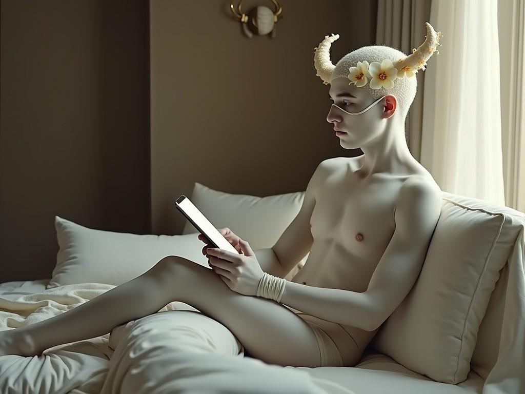 A surrealistic portrait of a person with decorative horns, seated in a minimalist room, reading a book. Soft natural lighting highlights the cream and beige color palette. Unique and artistic headpiece with floral elements.