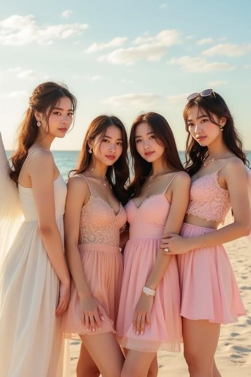 Four Kpop girl group members pose on the beach in angelic outfits for a debut photoshoot. The background features bright skies and soft sand.