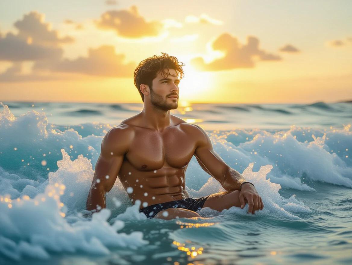 A muscular man sits in ocean waves during sunset. The scene shows energy and sunlight. Dramatic atmosphere around him.