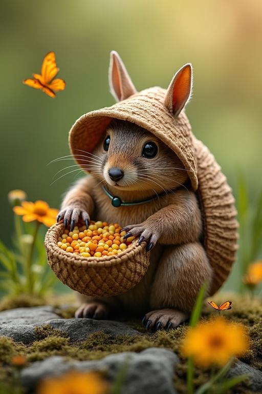 A whimsical squirrel holds a basket filled with colorful seeds. The scene is set in a magical garden with blooming flowers and butterflies. The atmosphere is enchanting and full of life.