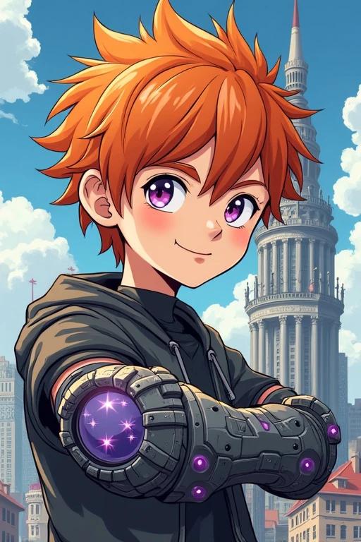 17-year-old boy with orange hair and purple gem eyes. Wearing a mechanical gauntlet. Set in a vertical Webtoon panel. Features clean lineart and cel shading. Background includes a dynamic tower.
