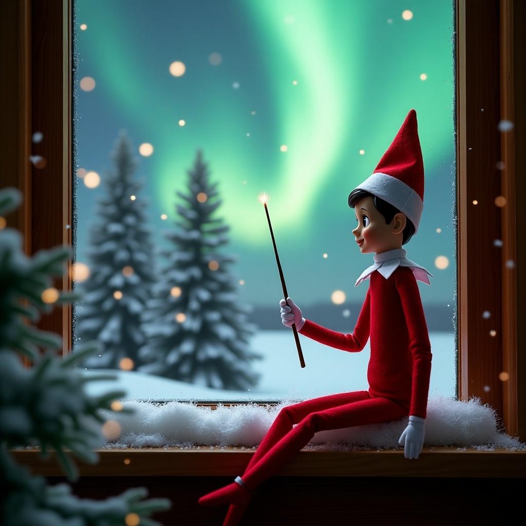 Elf on the shelf sits on window ledge. Uses wand to create word Brody. Looks at northern lights. Scene has snow-covered pine trees. Dressed in vibrant red outfit. Conveys festive holiday feel.