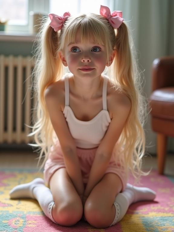 A young girl kneels on a colorful rug in a bright living room. She has long blonde hair styled in twin tails adorned with pink bows. She's wearing a white crop top and pale pink skirt. The girl has thigh-high socks and black shoes. She glances up curiously with flushed cheeks.