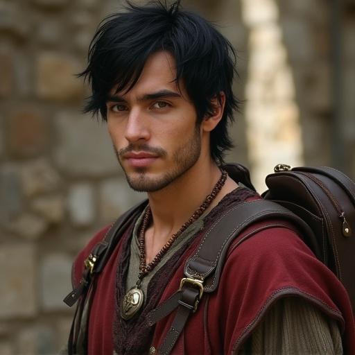 Portrait of a male character in medieval fantasy attire. He has honey skin tone, black side-swept fringe, and hazel almond eyes. Tunic and leather accessories. Humorous and protective personality.