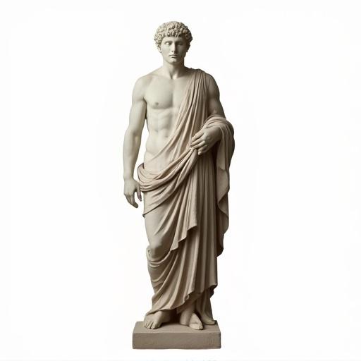 Tall statue of ancient Greek origin. Garment covers body. Stands straight. Pure white background. Display hands clearly.