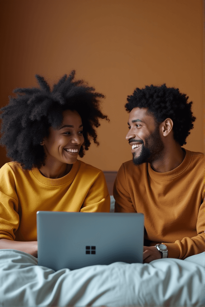 A smiling couple wearing matching sweaters sit in bed with a laptop against a warm orange backdrop.