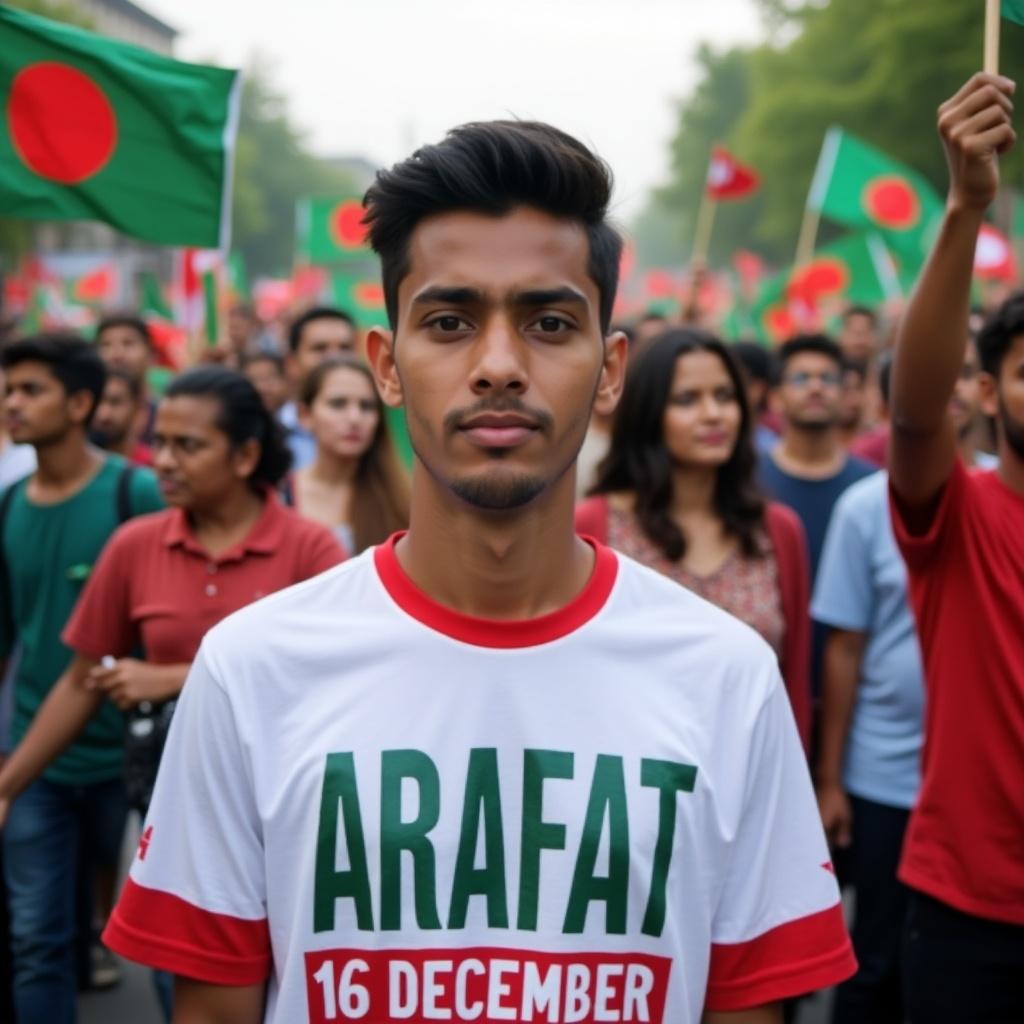 Crowds waving Bangladeshi flags. Young man wears a white T-shirt with red and green stripes. Text on T-shirt reads 'ARAFAT 16 DECEMBER'.