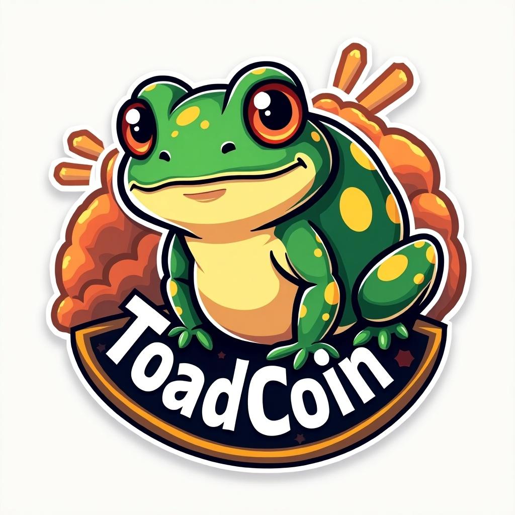 Logo for a meme coin featuring a cartoon frog. The frog has a friendly smile and distinct spots. Text in bold style reads 'ToadCoin' below the character.