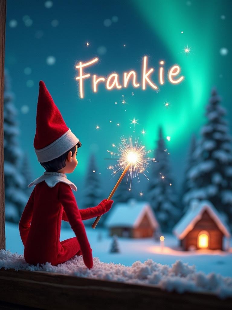 A scene shows an elf on the shelf looking at the night sky. The elf has a wand that creates sparkles in the name 'Frankie.' The background features the Northern Lights and cozy houses in a snowy landscape. The atmosphere conveys holiday magic and wonder.