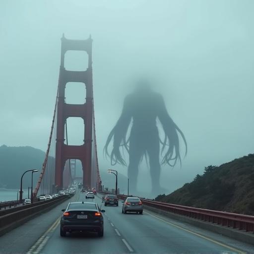Golden Gate Bridge looms in fog with cars in traffic jam. Road extends into the distance. Silhouette of a titan with tentacles visible in fog. Eerie atmosphere surrounds scene. Cloudy daytime lighting enhances tension.