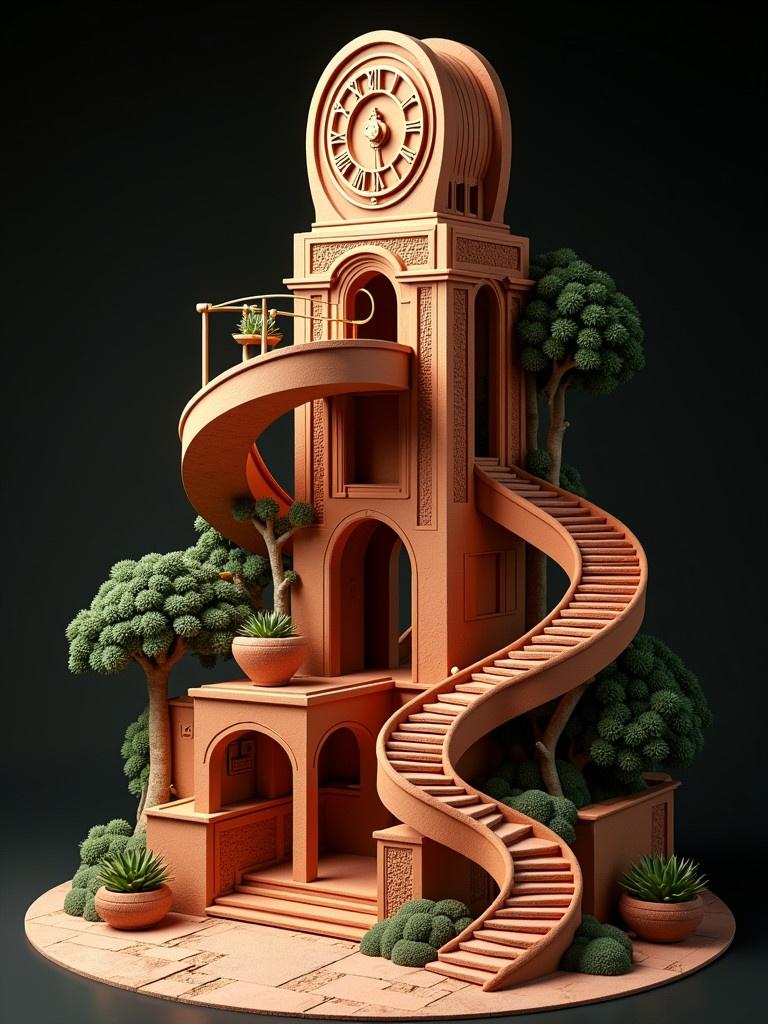 A scene shows an Incan clocktower with Escher's style. The clocktower has impossible geometries. Structures are interconnected with mind-bending perspectives. Foreground has small potted succulent plants. The design includes stairs, arches, and pathways. The materials are terracotta and gold. The background is black. A high arched mechanical clock serves as the centerpiece.