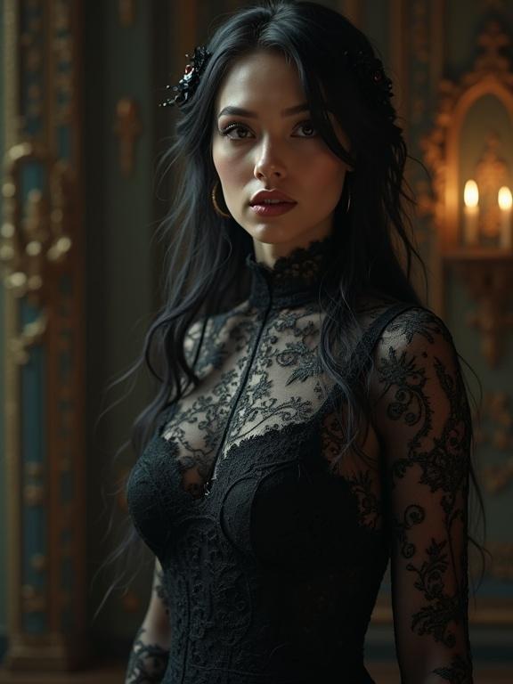 Captivating close-up portrait of a gothic woman in a black lace dress. She stands in a dark Art Nouveau room, dramatically lit to emphasize her beauty.