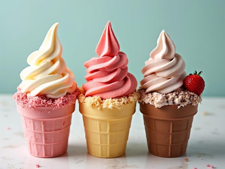 Three ice cream cones in different flavors. Soft serve ice cream with swirled tops. Colors include pink, white, and brown. Decorated with toppings. Positioned on a light blue background.