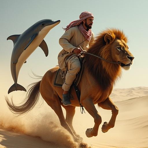 A dolphin riding a shark. A horse carries a rider wearing a keffieh. They storm across a sandy landscape towards the Mediterranean desert. A majestic lion leads the way. Elements suggest adventure and fantasy.
