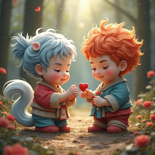 Two children with playful hairstyles standing in a forest. They are holding a heart and looking at each other. The atmosphere is dreamy and magical, featuring soft colors and a warm glow. The background is peaceful and filled with flowers.