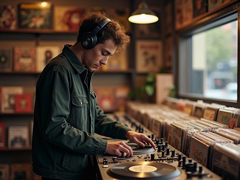 DJ playing vinyl records in a record store. Wearing professional DJ headphones. Standing in front of vinyl records on display. Enjoying the music.