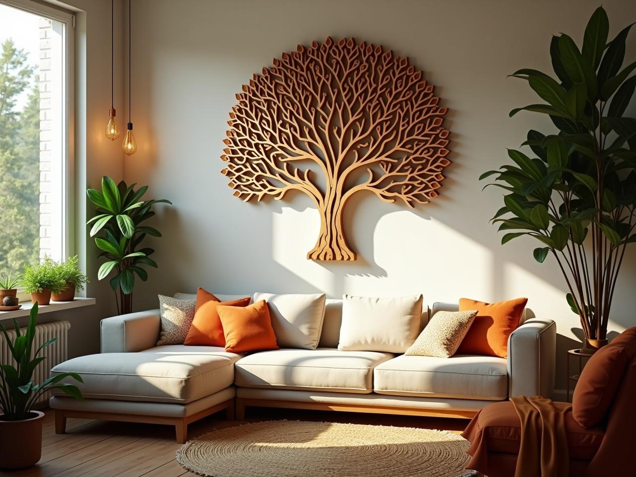 The intricate wooden tree design is mounted on the wall of a cozy modern flat. Soft light beams stream through large windows, illuminating the room with a warm glow. The atmosphere is inviting and comforting, with plush furniture arranged around the space. Green plants add a touch of nature, complementing the elegant tree art. Decorative cushions and a warm rug enhance the cozy feel. The overall aesthetic combines modern decor with a natural touch, fostering a serene environment.