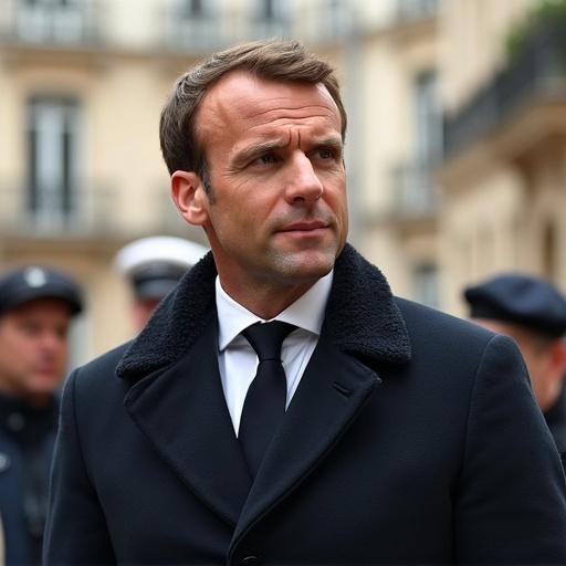 Emmanuel Macron depicted in a Simpson-style illustration. Character dressed in a sharp suit with a tied neck. Background features police officers in blurred silhouettes. The setting suggests an outdoor location in France. The style is playful and caricature-like, capturing a humorous essence.