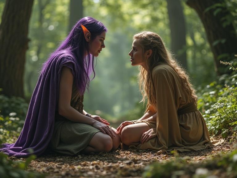 Natural outdoor setting in an enchanted grove. Two characters are kneeling close to each other. They are engaged in an intimate conversation. First character has purple skin and wears an elven cloak. Second character has tan skin and wears flowing robes. The scene captures a moment of tension as they appear to be arguing. The atmosphere is mystical and surreal, with natural lighting creating an ethereal quality.