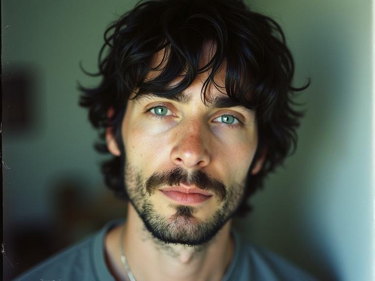 Close-up portrait of a man with wavy black hair and dark eyes. Casual clothing with a 90s aesthetic. Vintage Polaroid photo style. Natural lighting highlights facial features. A candid shot capturing a moment. Slim body and interesting expressions.