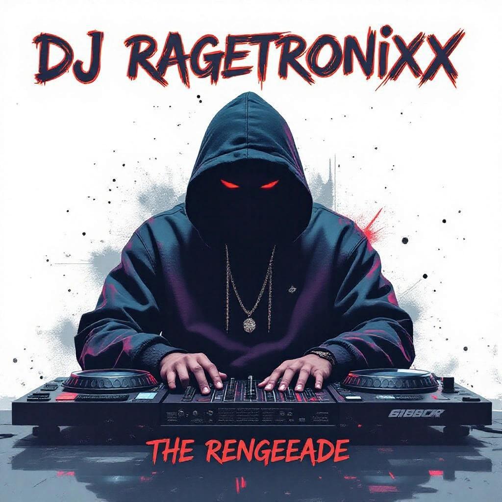 A dark RGB artistic gritty hip hop album cover featuring a DJ wearing a hooded sweatshirt with glowing eyes. The title 'DJ Ragetronixx' is prominently displayed above. Below is the text 'The Renegade' in cool writing.