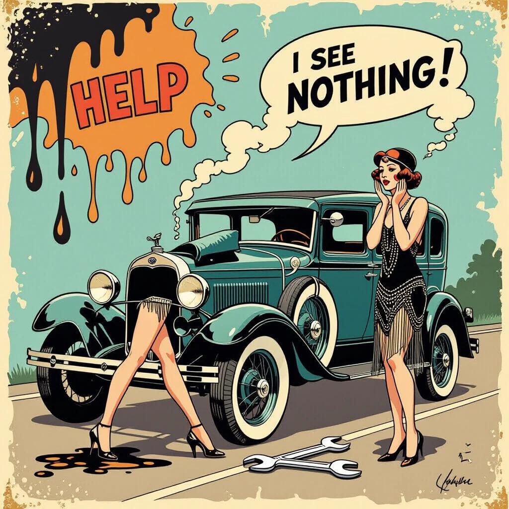 A vintage Ford Model A is parked on the roadside. A woman's legs in high-heels are visible under the car. She is repairing it. Another woman in a beaded dress stands beside, hands on cheeks in despair. Exaggerated oil drip and oversized wrench are featured. Steam forms letters saying HELP. The art style resembles 1920s comic strips. Flat colors and halftone patterns are used.