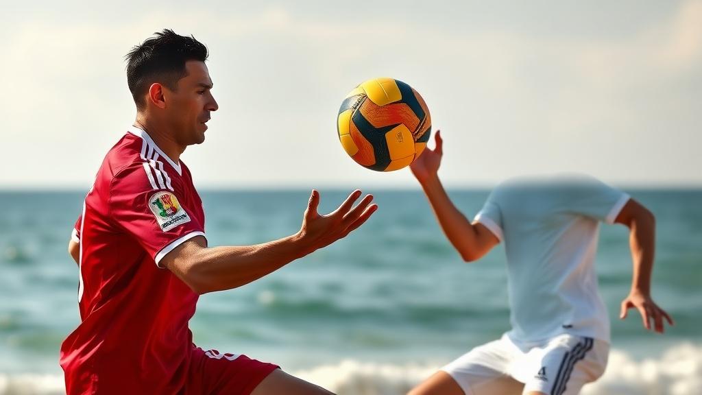 Two people playing soccer on a beach, one in a red jersey and the other in a white jersey, with an ocean backdrop.