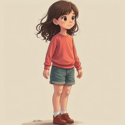 A full body view of a young girl standing. She has curly hair and is wearing a cozy sweater and shorts. The background is simple and light.