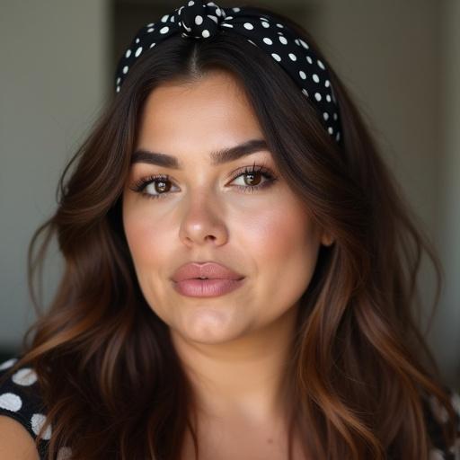Close-up shot of a plus-size woman wearing a polka dot hair band. She has a lip pout kissing expression. Her makeup appears soft and natural.