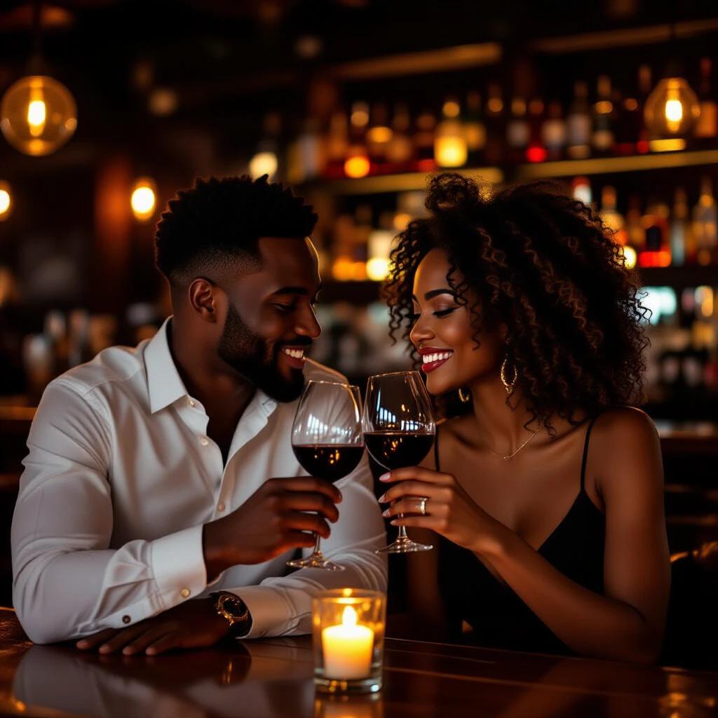 Hot couple enjoys drinks at a dimly lit bar. They share a glass of wine. Candlelight beautifully illuminates their faces. The background is a well-stocked bar. The couple appears happy and engaged. Prominent Igbo features enhance the setting. The image resembles a top 1% vogue photographer.