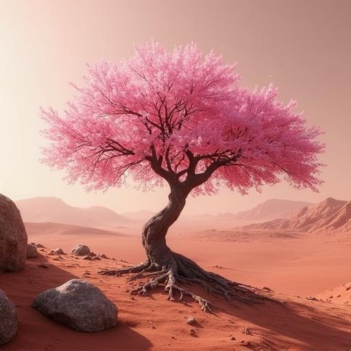Image depicts a vibrant cherry blossom tree with pink flowers on a vast Mars terrain. The atmosphere is futuristic and inspiring. The setting features reddish sand and rocky formations in the background. The tree has strong roots and a striking silhouette against the landscape.