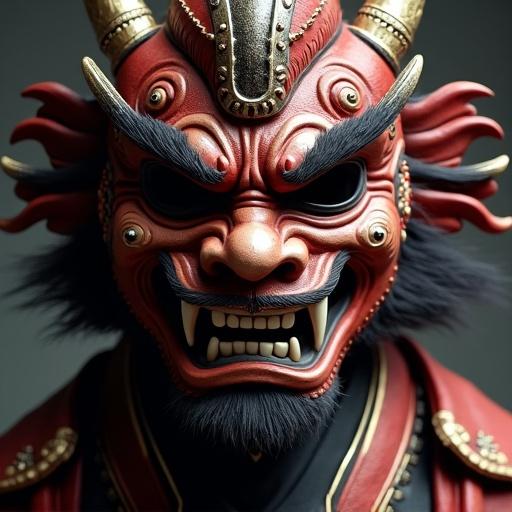 A closeup shot of a Japanese man wearing a Tengu mask. The mask features intricate red and black details with striking facial features. The background is neutral to emphasize the mask.