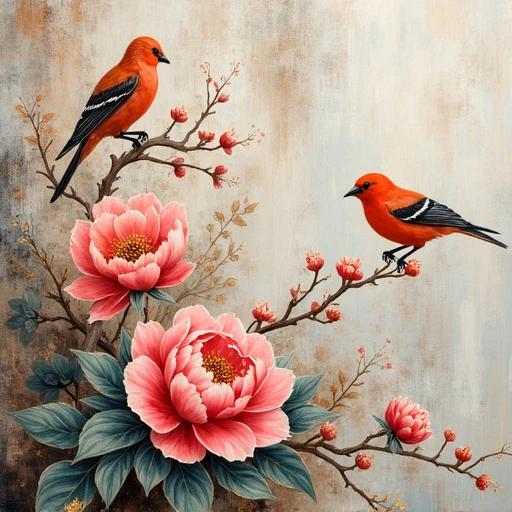 Rock-color painting style with flowers and birds. Detailed flowers painted with mineral pigments. Brightly colored birds perched on branches. Light-colored rock background with textured brushstrokes. Central composition with elegant atmosphere.