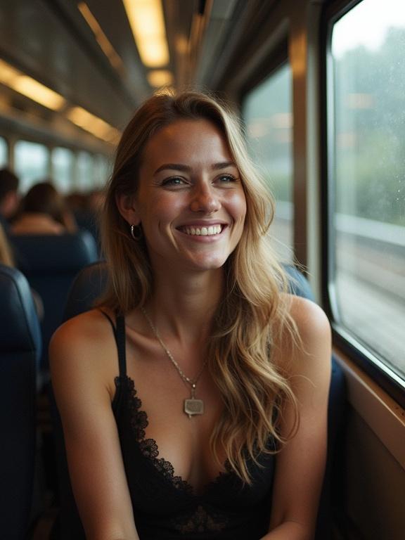 Woman traveling on a train. She has a beautiful smile. Natural light from the window. Casual atmosphere. Comfortable seating. Relaxed pose.