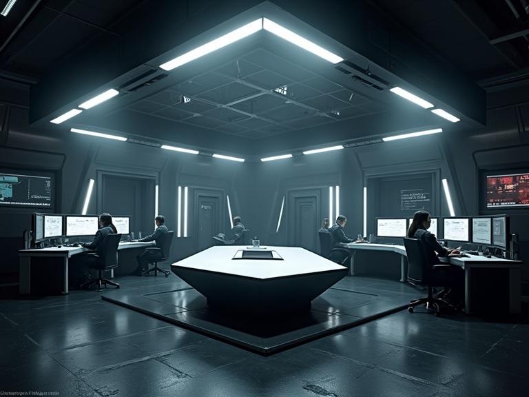 Cinematic image of a dark blocky smooth bevel command center. Interior is dark and atmospheric. Bright monitors are present. A white bulky rectangle bevel strategy table is centrally located. Metal bulky bevel doors are visible. Bright screens and LED spot ceiling lights illuminate the scene. Diagonal bulkheads and columns enhance depth. The floor is made of black metal, and there are visible steps. White bulky rectangle bevel desks and black chairs are present. Military personnel in navy uniforms are walking and sitting. The scene showcases high detail, textures, shadows, and realism.