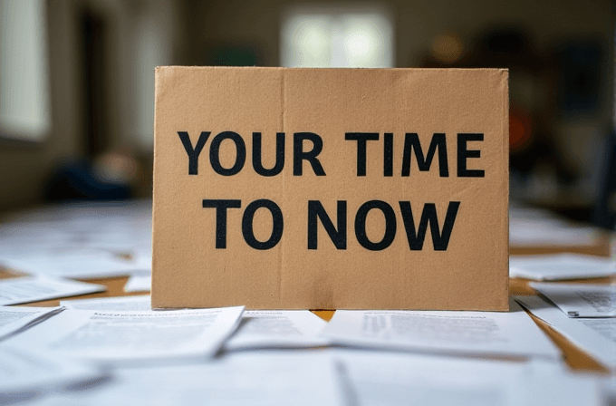 A cardboard sign with the message "Your Time To Now" sits on a cluttered desk covered with papers.