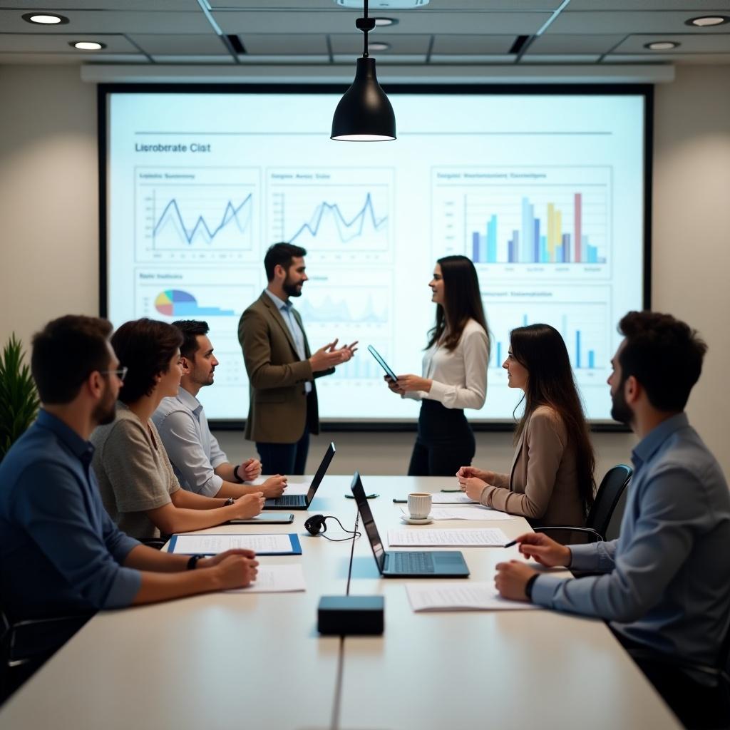 Group of men and women engaged in discussion around a conference table in a modern office. Bright room with a projector displaying financial charts. Participants are actively communicating with laptops and notepads in use.