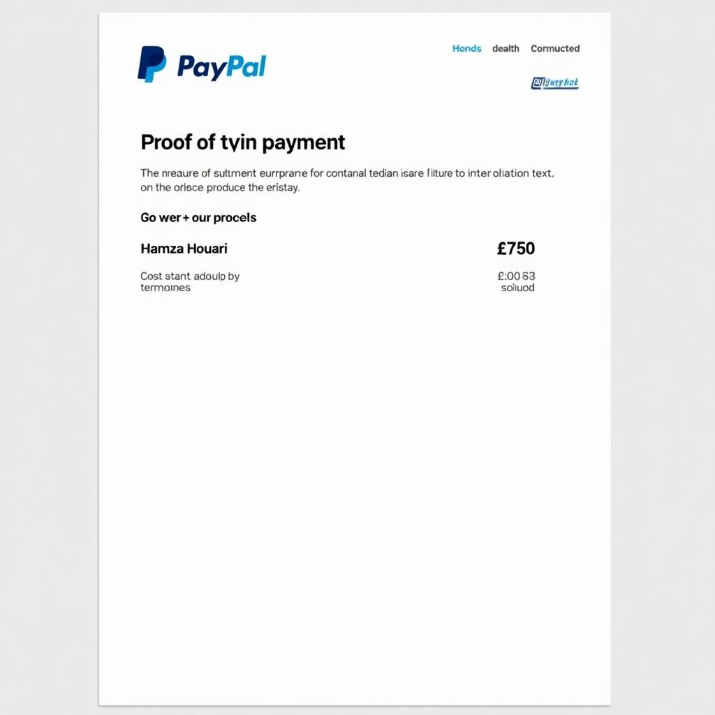 Image shows PayPal proof of payment document. Document includes transaction of £750. Transaction directed to Hamza Houari. Layout appears clear with bold PayPal text.