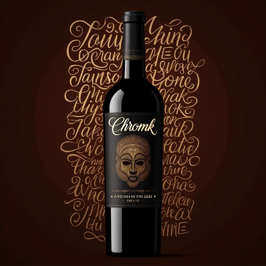 Wine label design showcasing premium brand Chromík. Regular cursive typography arranged around bottle. Background features a subtle wine pattern. Color scheme includes deep browns and warm golds. Tagline at bottom states A Touch Of The Gods. Emphasize themes of luxury and craftsmanship.