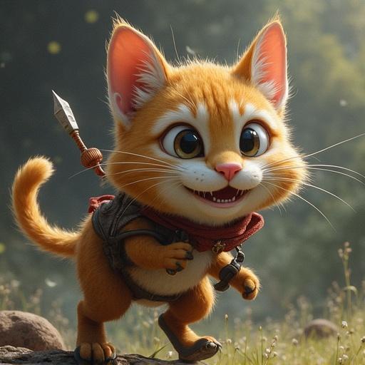 Anthropomorphic battle cats in a whimsical environment. Character features bright orange fur, large expressive eyes, and a playful grin. The character has a small armor and a weapon, evoking a sense of adventure.